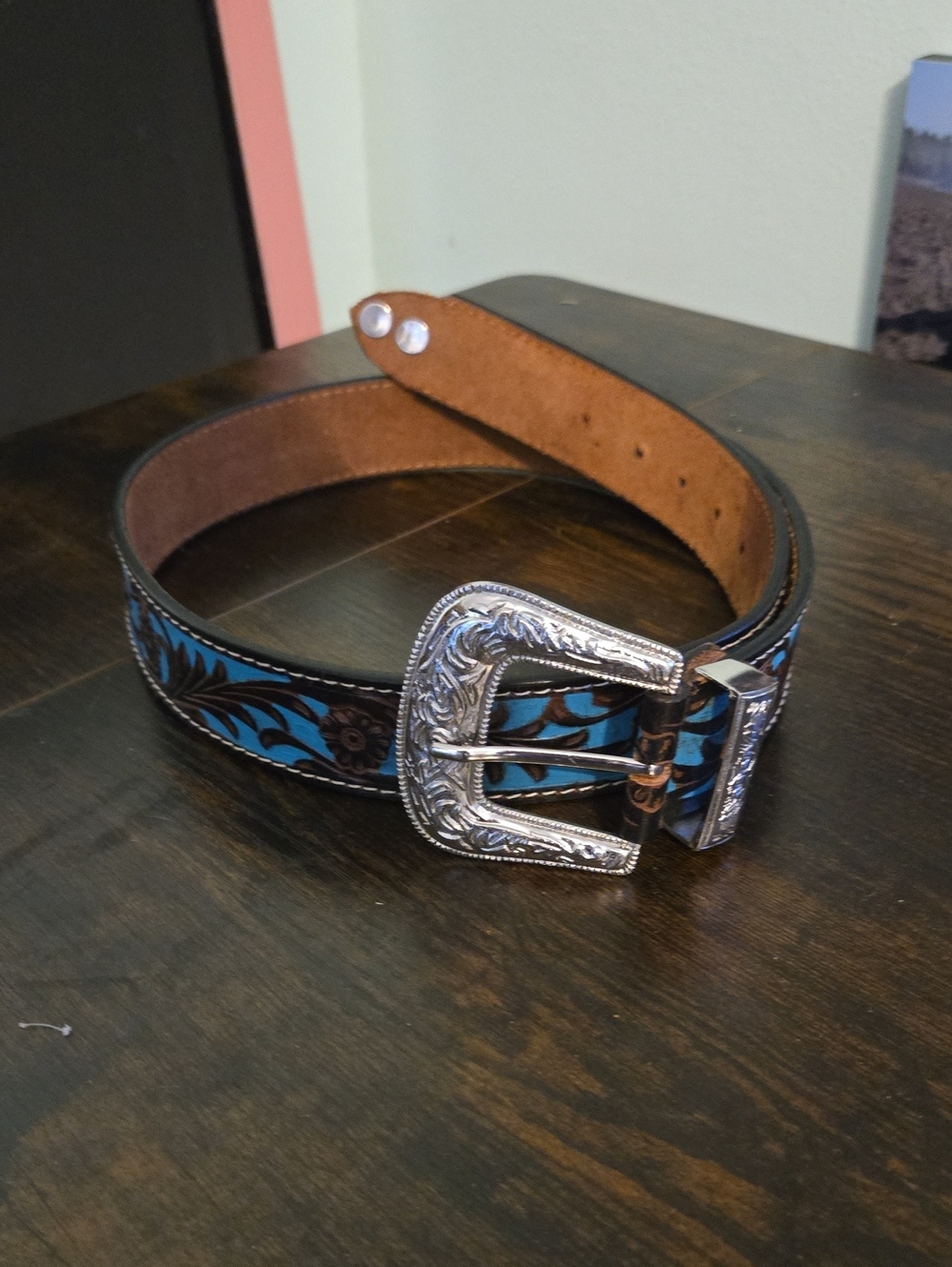 Women's Leather Western Belt in Turquoise and Brown